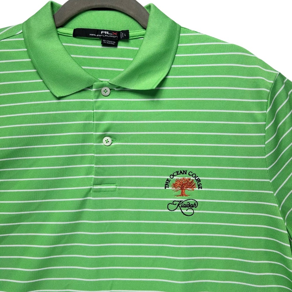 RLX Ralph Lauren Polo Shirt Mens L Green Striped Kiawah Ocean Course Preppy